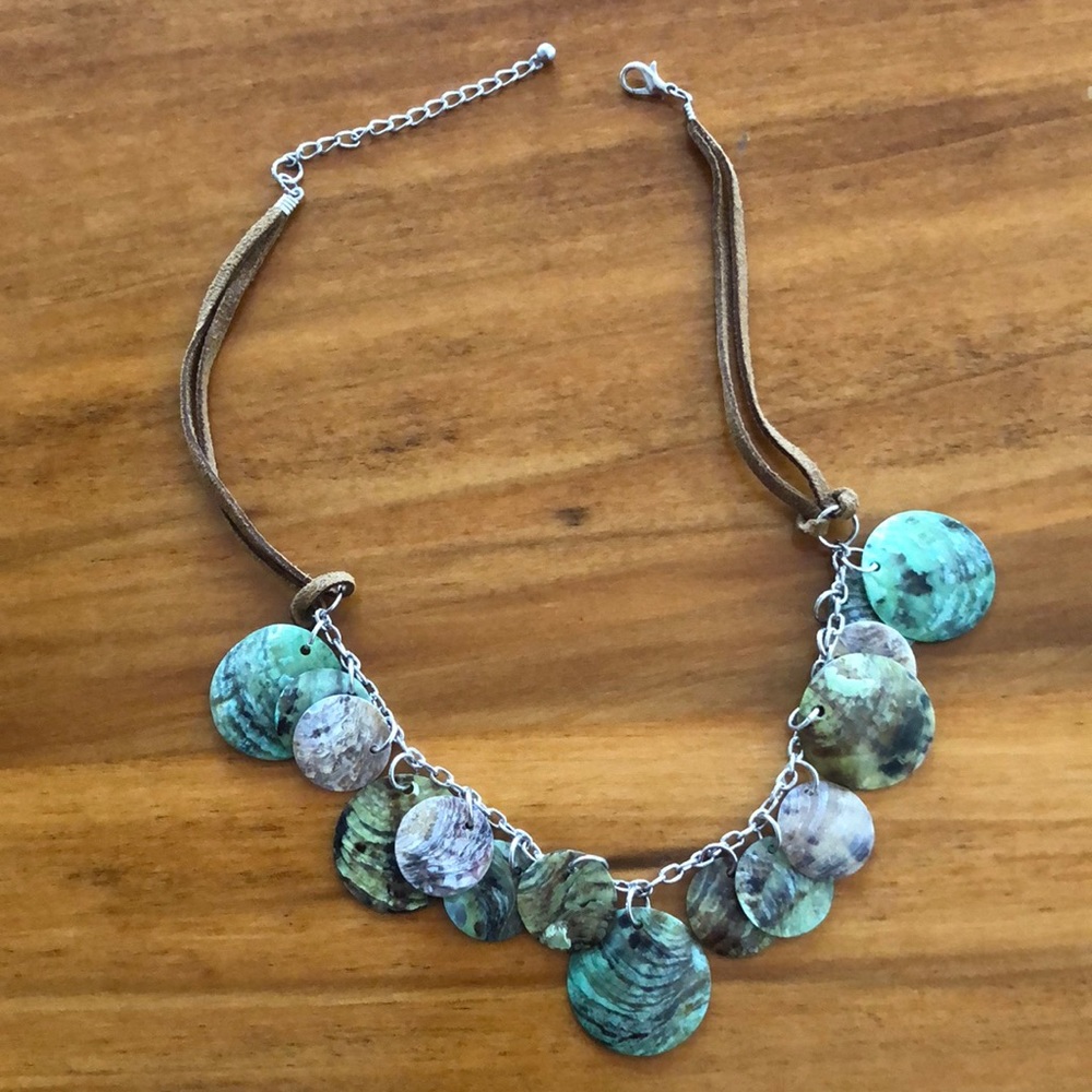 Shell necklace, blue/green/brown, 17” total length, Preowned/never worn